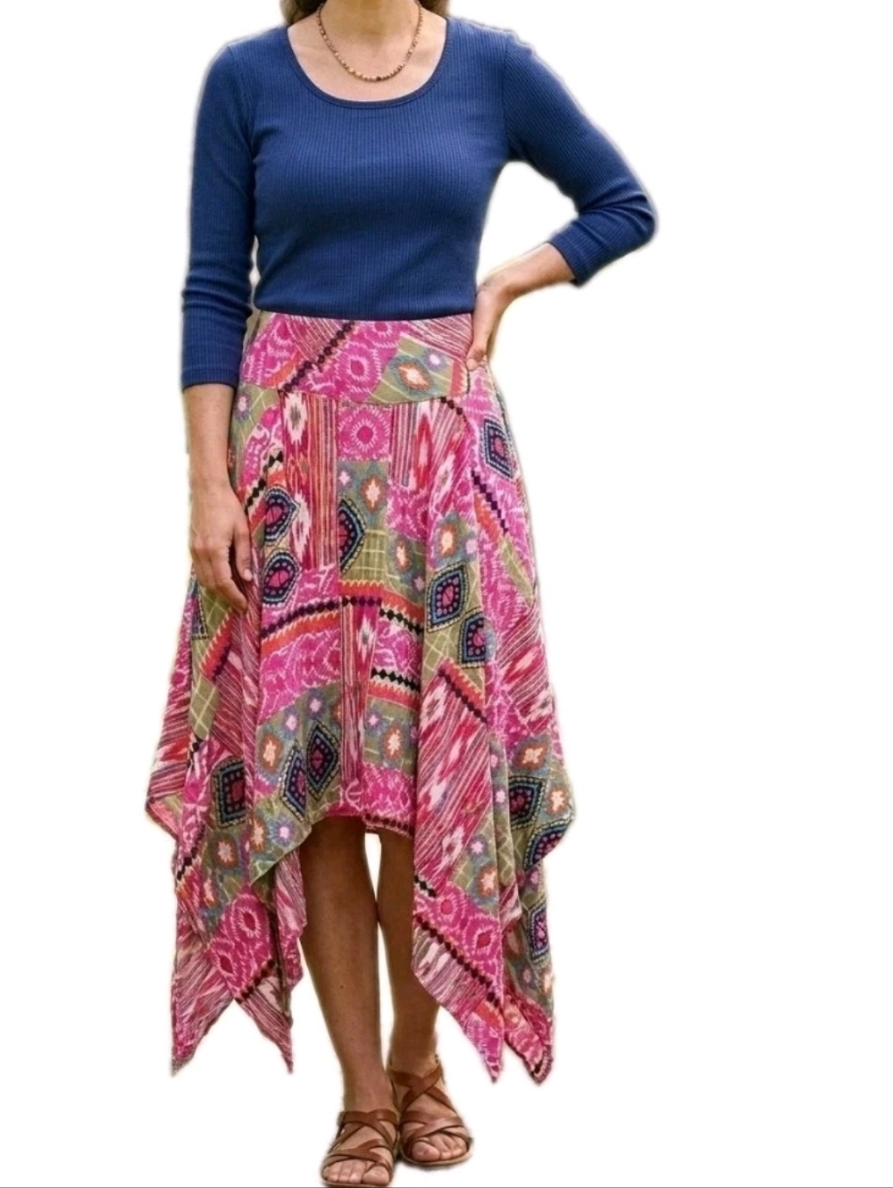 Lola P Boho Maxi Skirt XL NWT Pink Tribal Rayon Sharkbite Hem Festival Y2K Gypsy